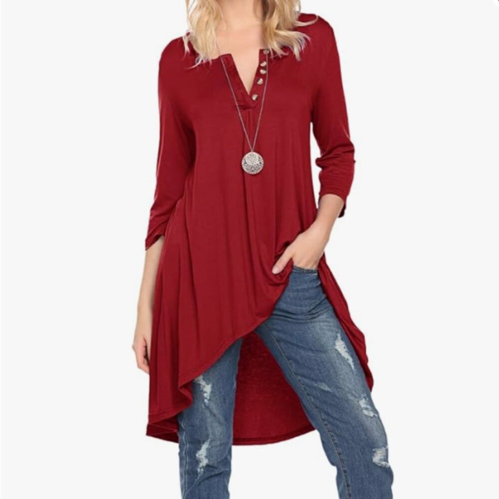 Women's Red Button V-Neck High-Low Tunic Top